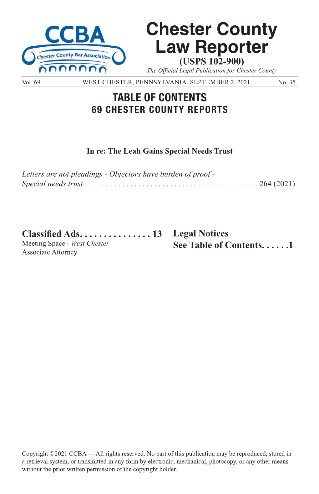 Chester County Law Reporter (USPS 102-900) the Official Legal Publication for Chester County Vol