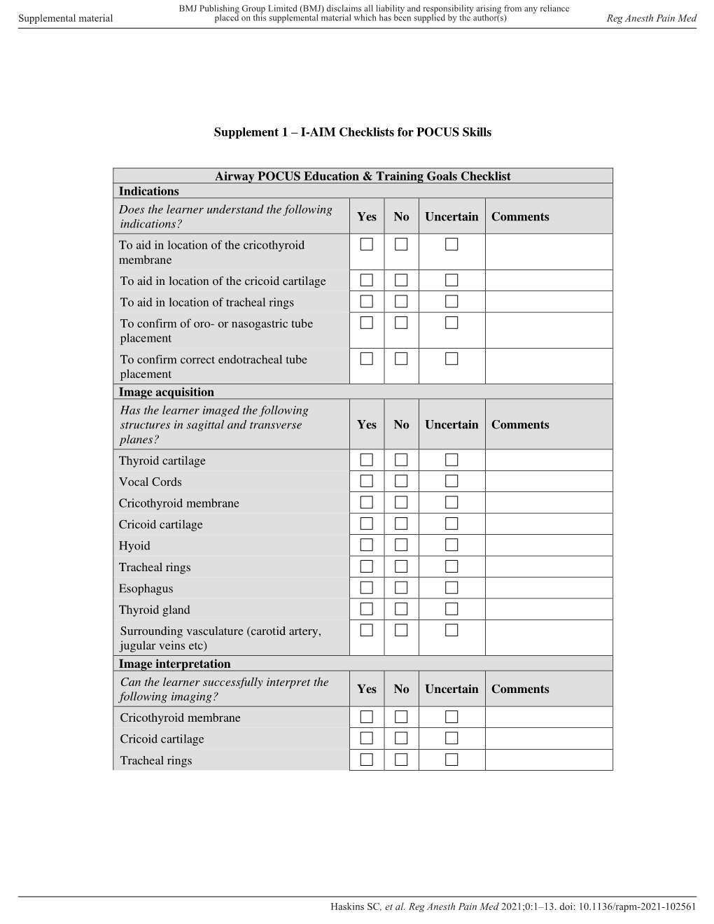 Supplement 1 – I-AIM Checklists for POCUS Skills Airway POCUS