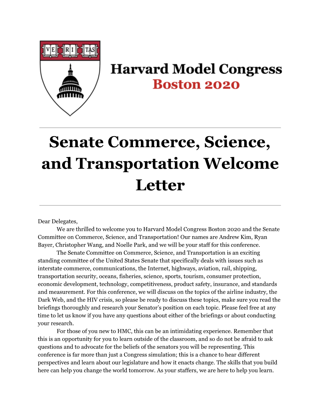 Senate Commerce, Science, and Transportation Welcome Letter