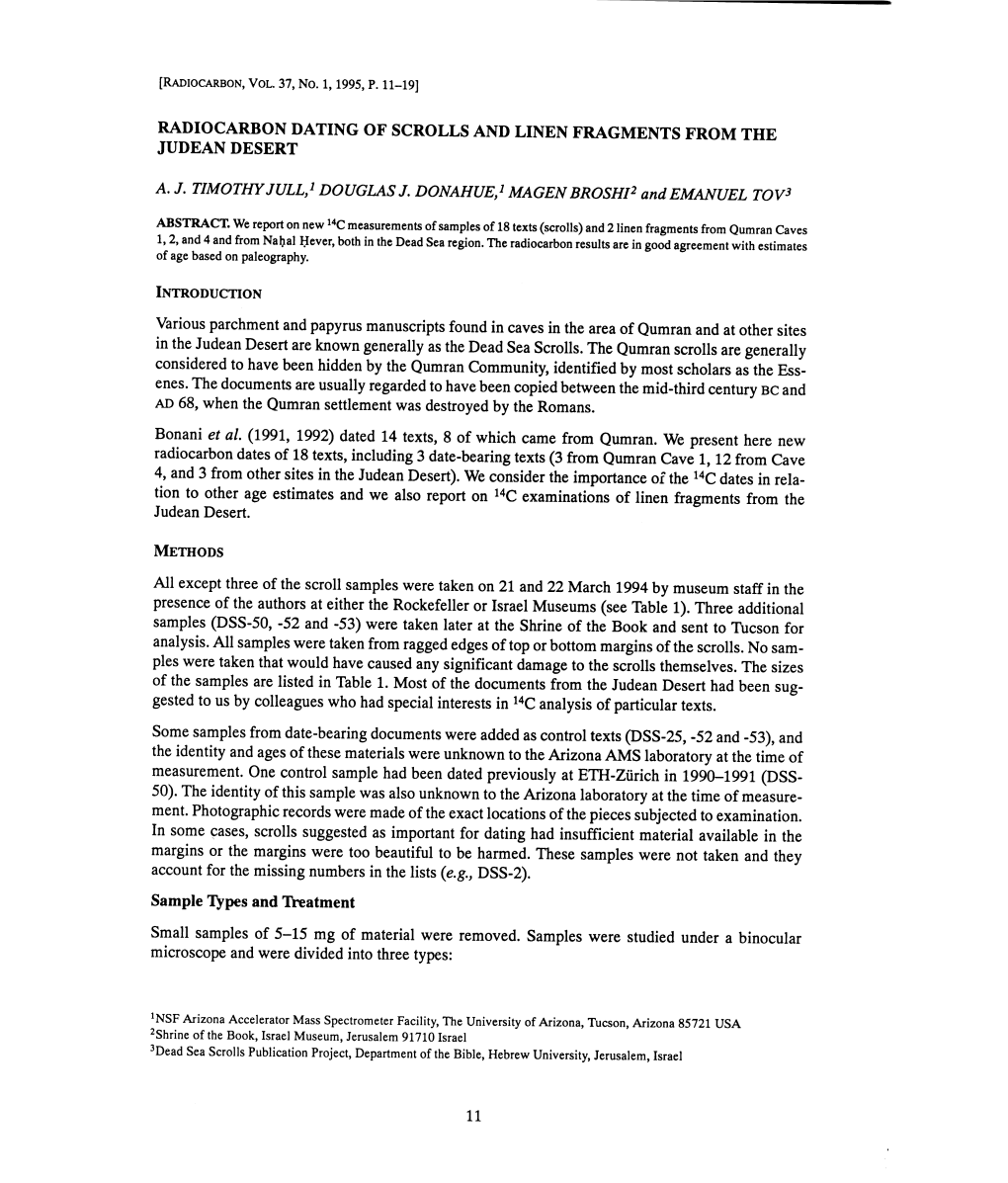 Radiocarbon Dating of Scrolls and Linen Fragments from the Judean Desert