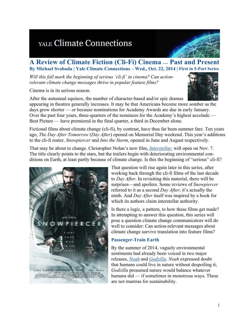 A Review of Climate Fiction (Cli-Fi) Cinema … Past and Present by Michael Svoboda | Yale Climate Connections – Wed., Oct