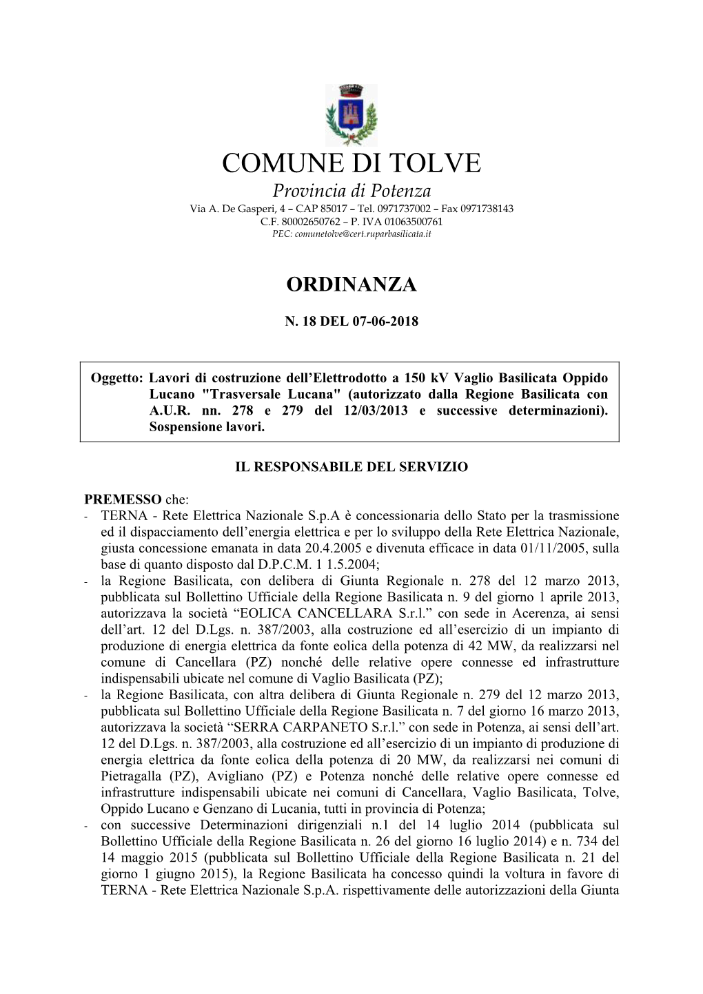 Qui L' Ordinanza Tolve