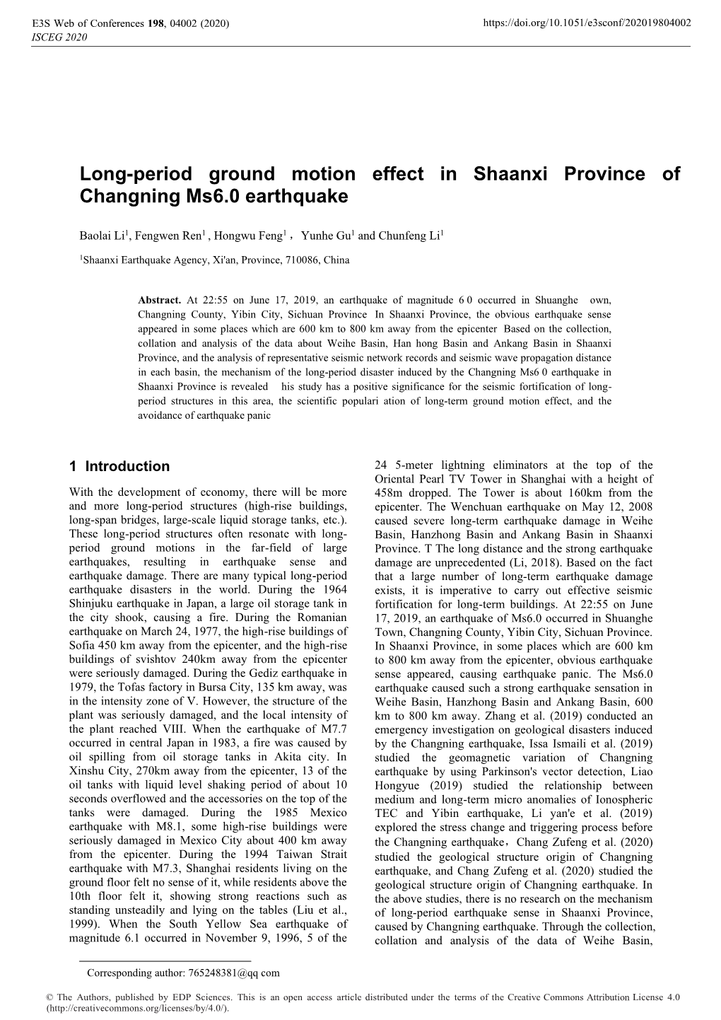 Long-Period Ground Motion Effect in Shaanxi Province of Changning Ms6.0 Earthquake