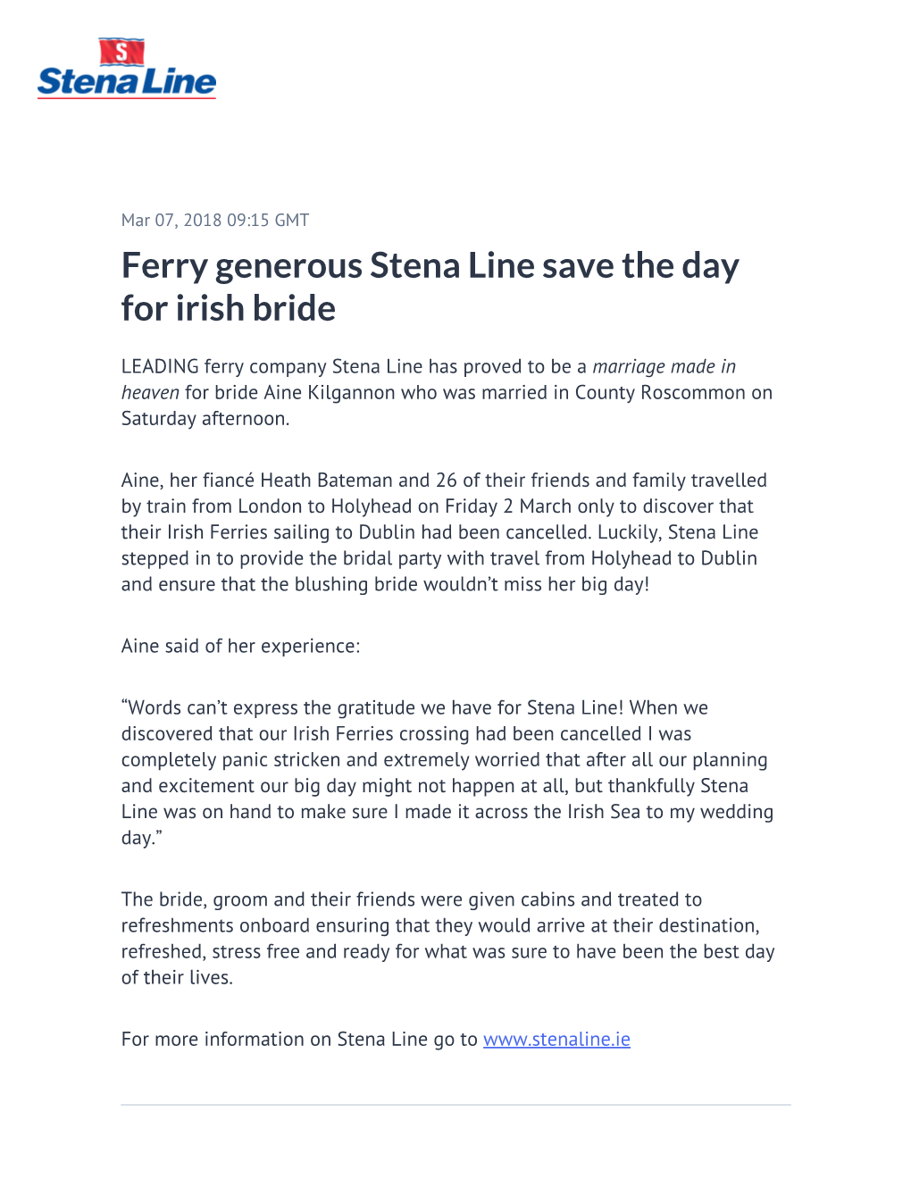 Ferry Generous Stena Line Save the Day for Irish Bride