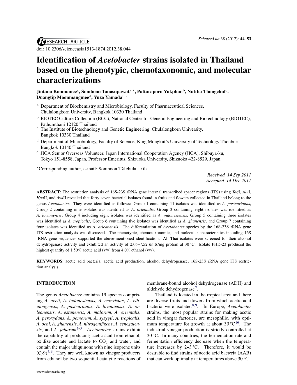 Identification of Acetobacter Strains Isolated in Thailand Based on The