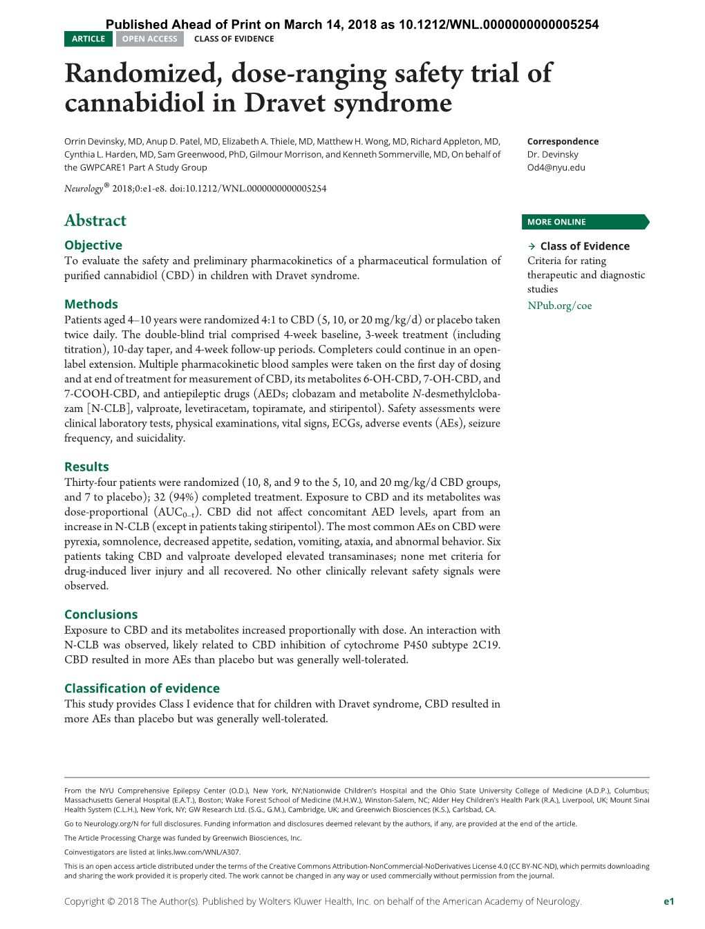 Randomized, Dose-Ranging Safety Trial of Cannabidiol in Dravet Syndrome