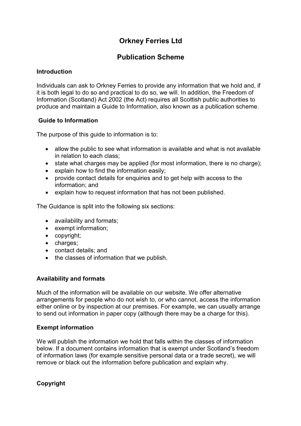 Orkney Ferries Ltd Publication Scheme