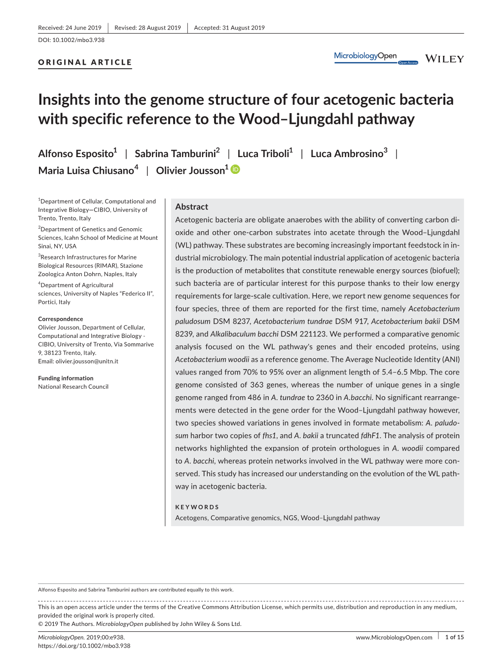 Insights Into the Genome Structure of Four Acetogenic Bacteria with Specific Reference to the Wood&#X2013;Ljungdahl Pathway
