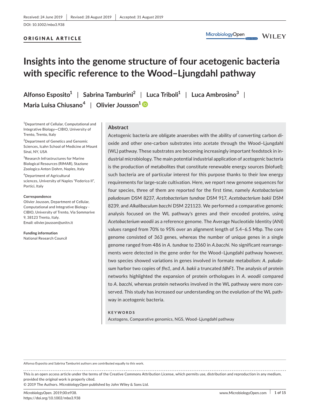 Insights Into the Genome Structure of Four Acetogenic Bacteria with Specific Reference to the Wood–Ljungdahl Pathway