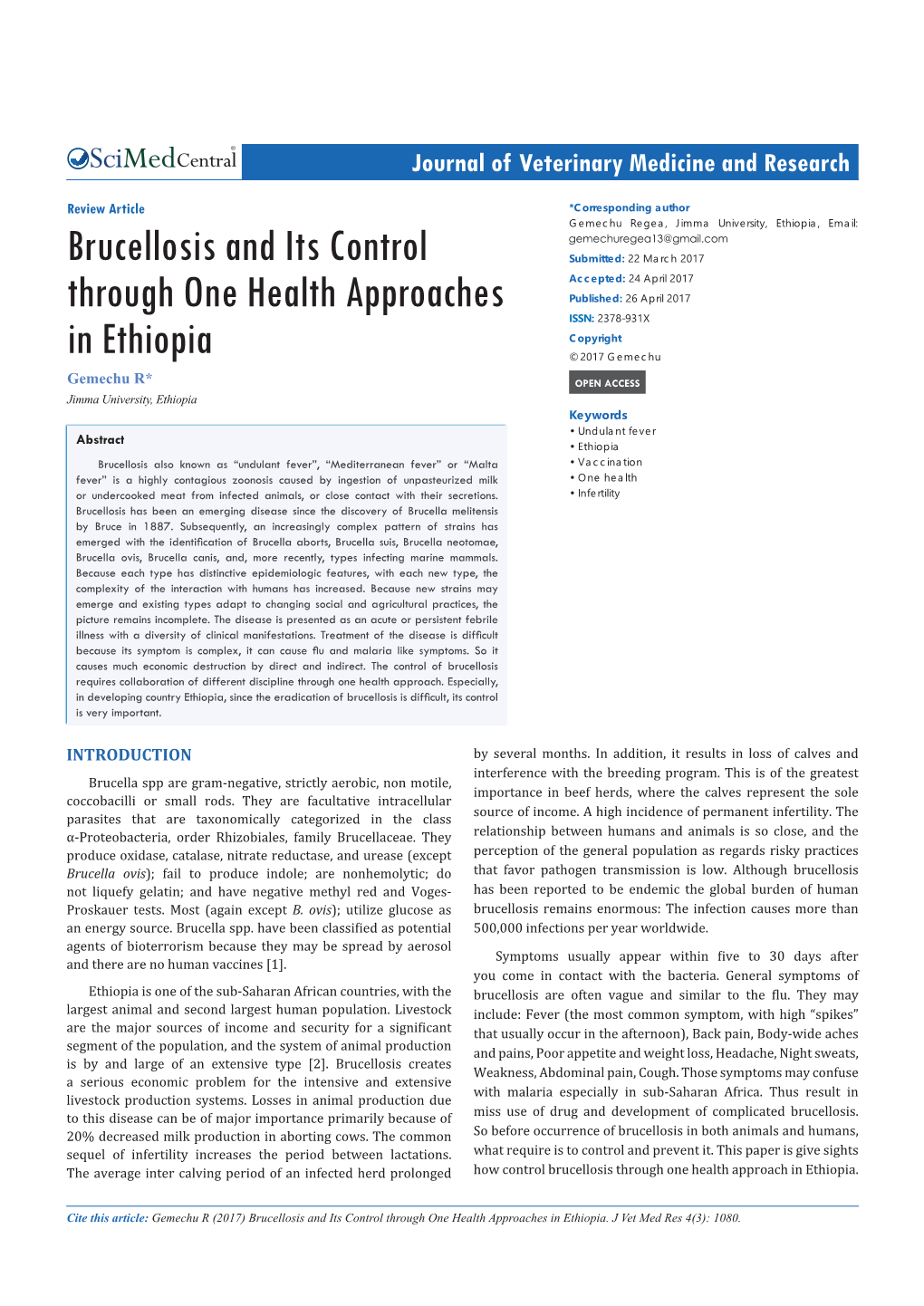 Brucellosis and Its Control Through One Health Approaches in Ethiopia