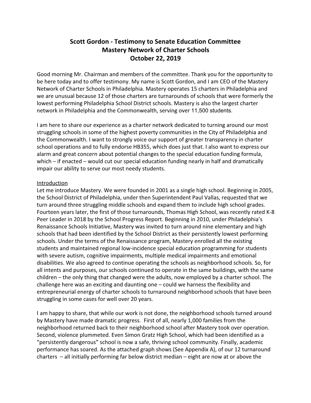 Scott Gordon - Testimony to Senate Education Committee Mastery Network of Charter Schools October 22, 2019