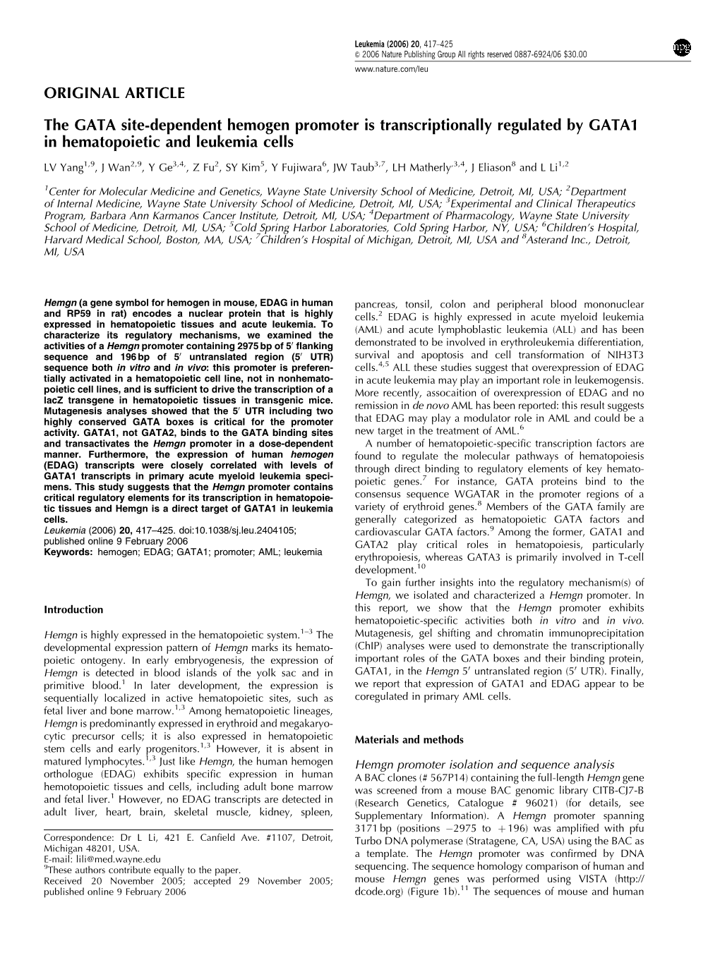 The GATA Site-Dependent Hemogen Promoter Is Transcriptionally Regulated by GATA1 in Hematopoietic and Leukemia Cells