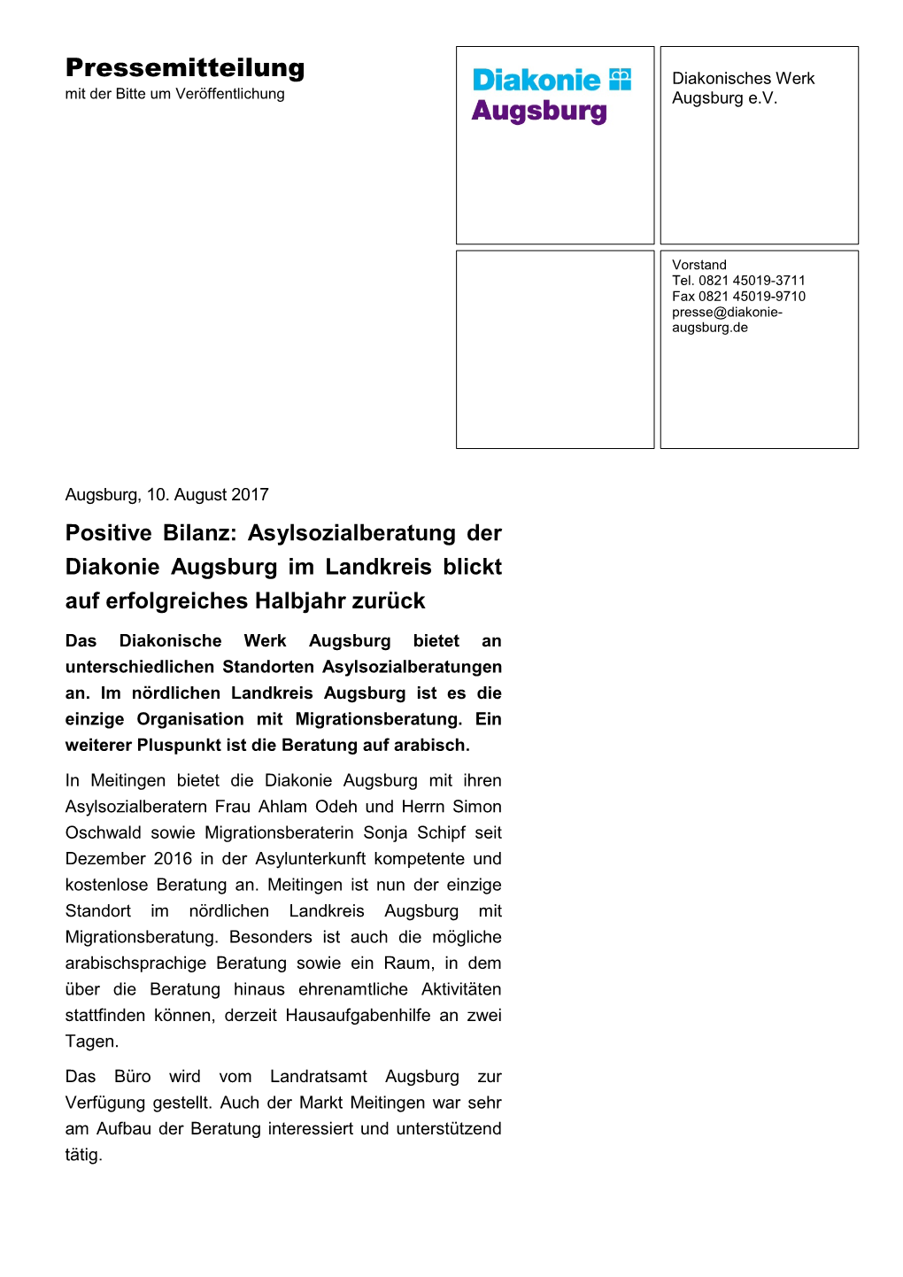 Pressemitteilung Diakonisches Werk Mit Der Bitte Um Veröffentlichung Augsburg E.V