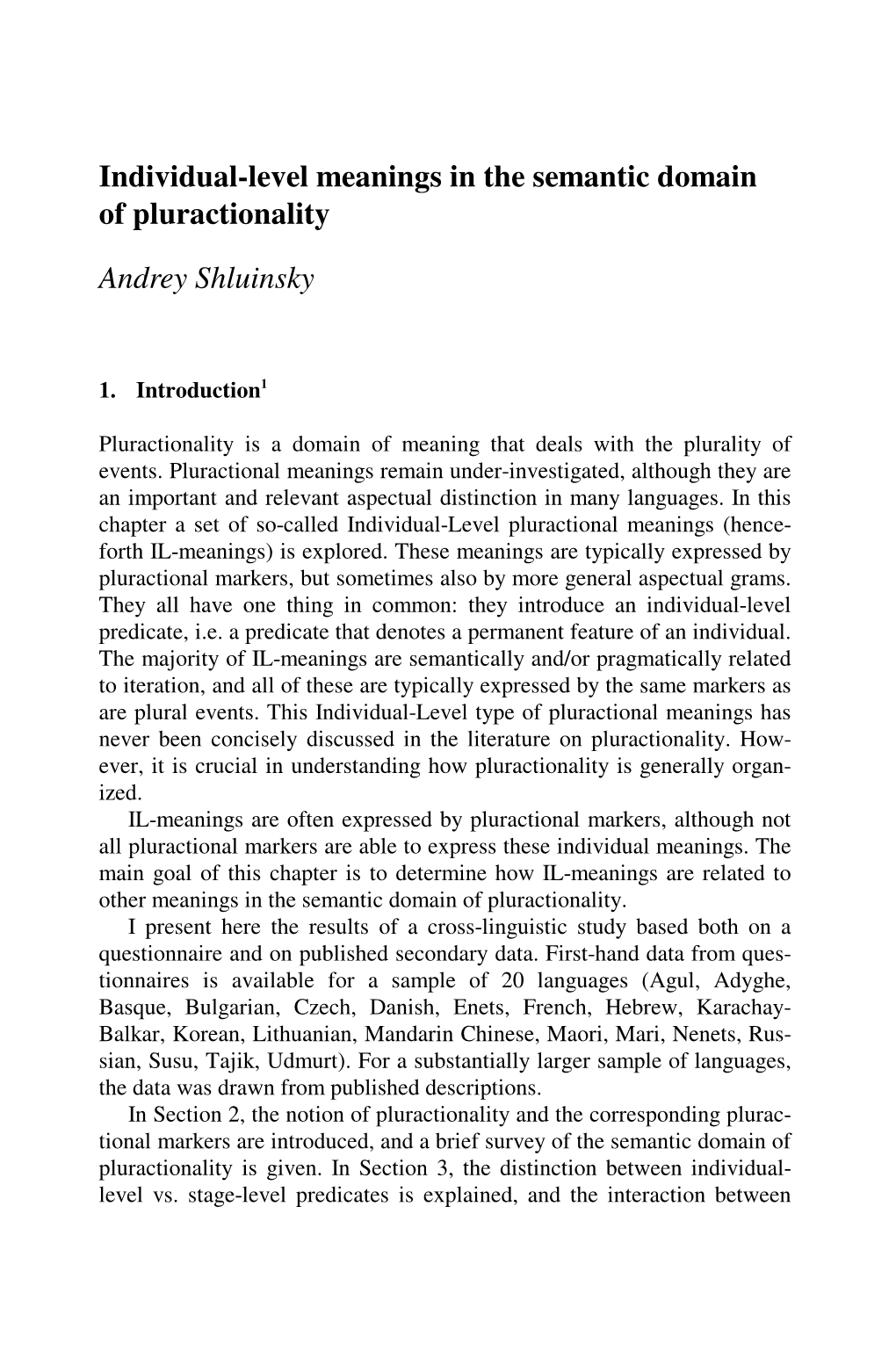 Individual-Level Meanings in the Semantic Domain of Pluractionality