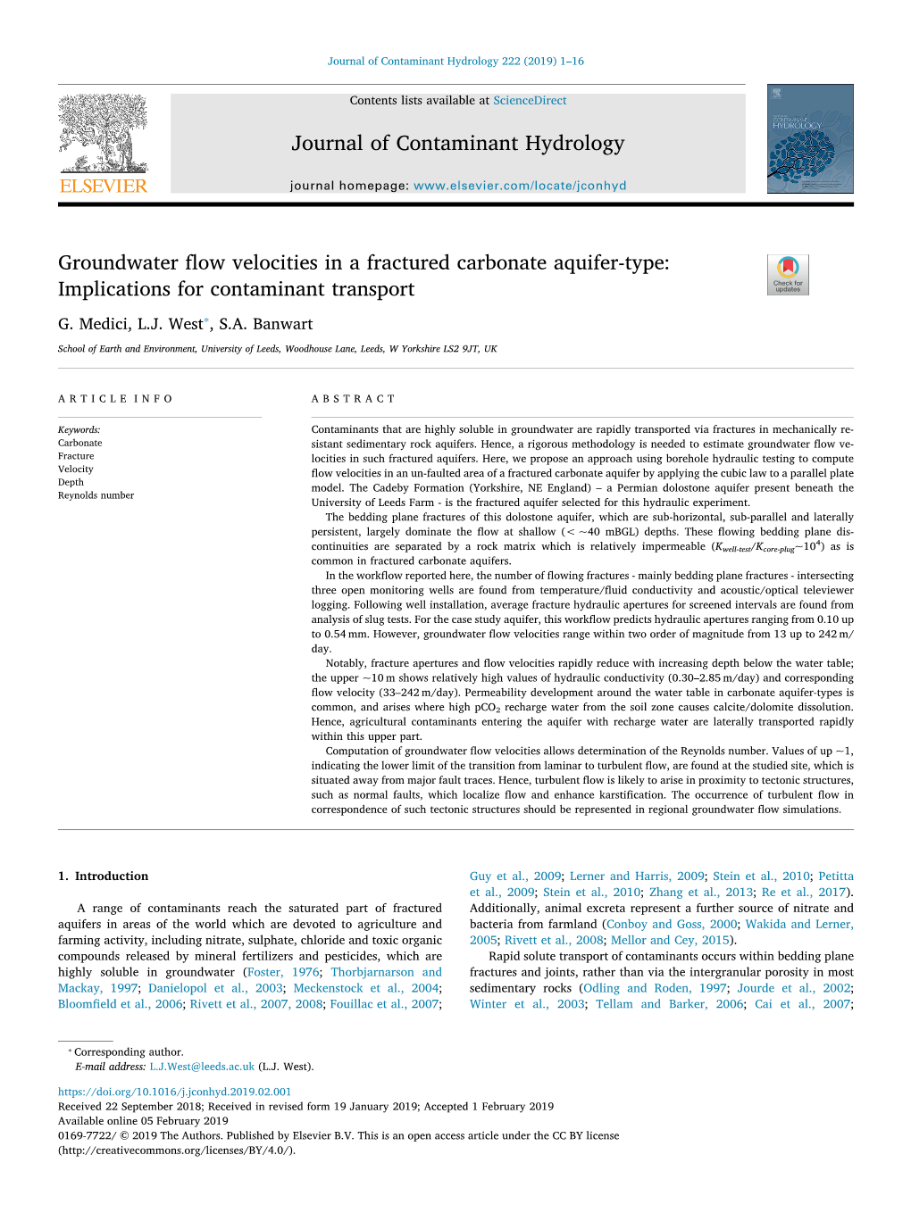 Groundwater Flow Velocities in a Fractured Carbonate Aquifer-Type