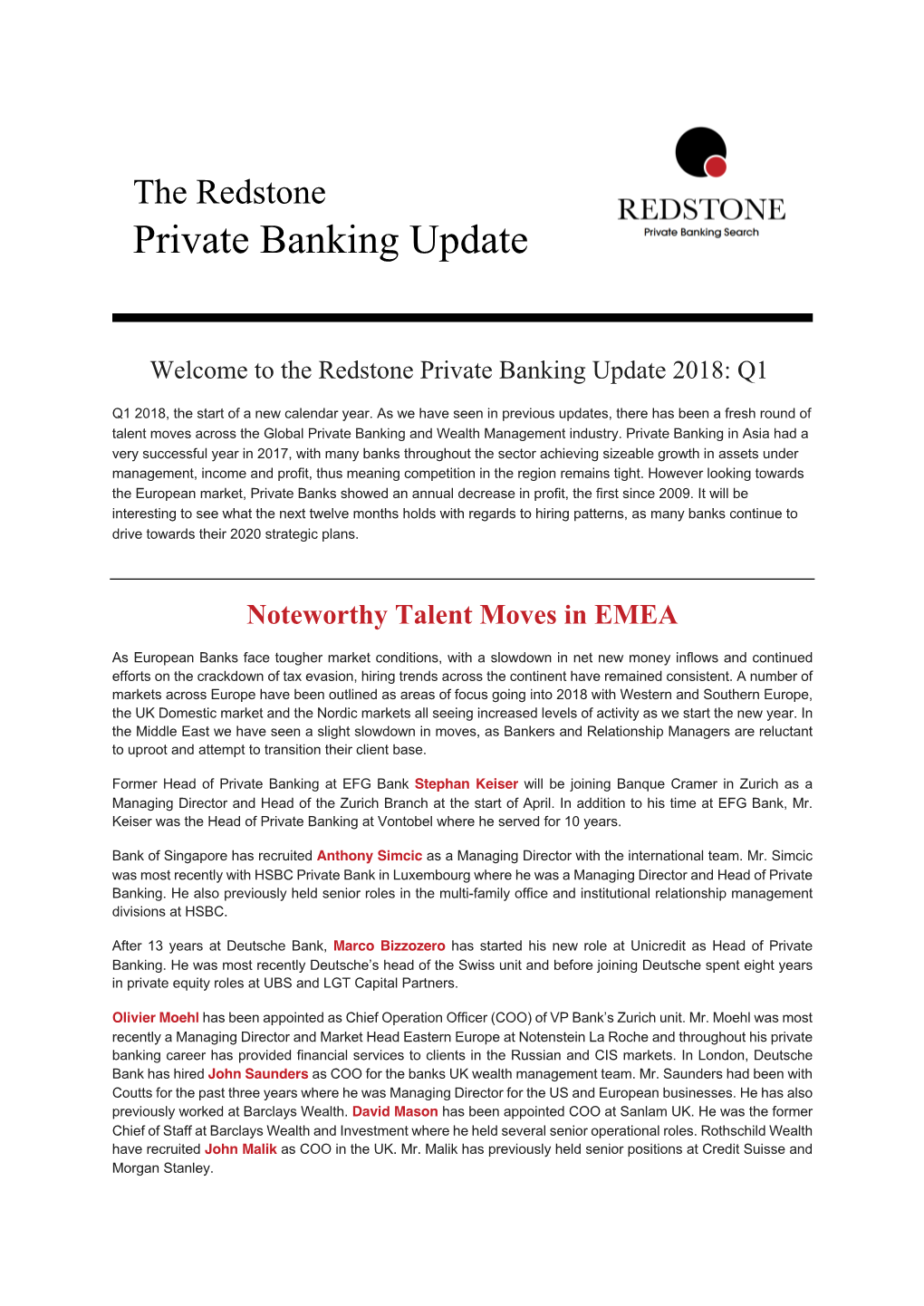 Redstone Private Banking Update Q1 2018