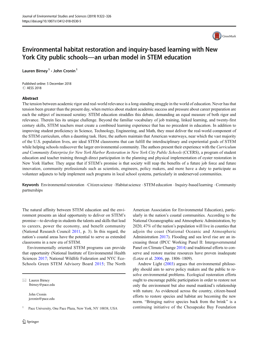 Environmental Habitat Restoration and Inquiry-Based Learning with New York City Public Schools—An Urban Model in STEM Education