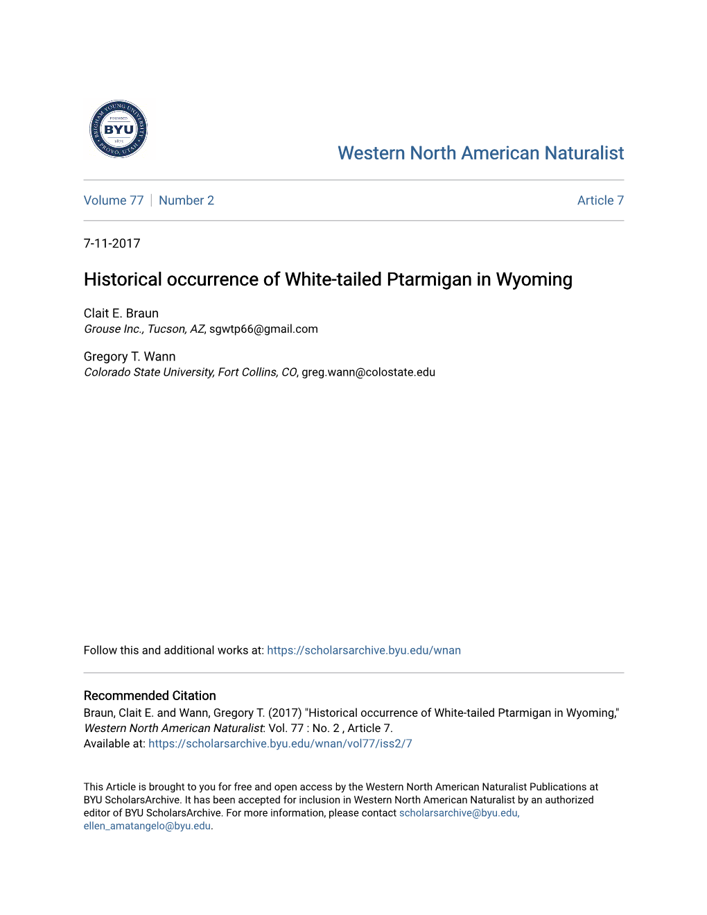 Historical Occurrence of White-Tailed Ptarmigan in Wyoming