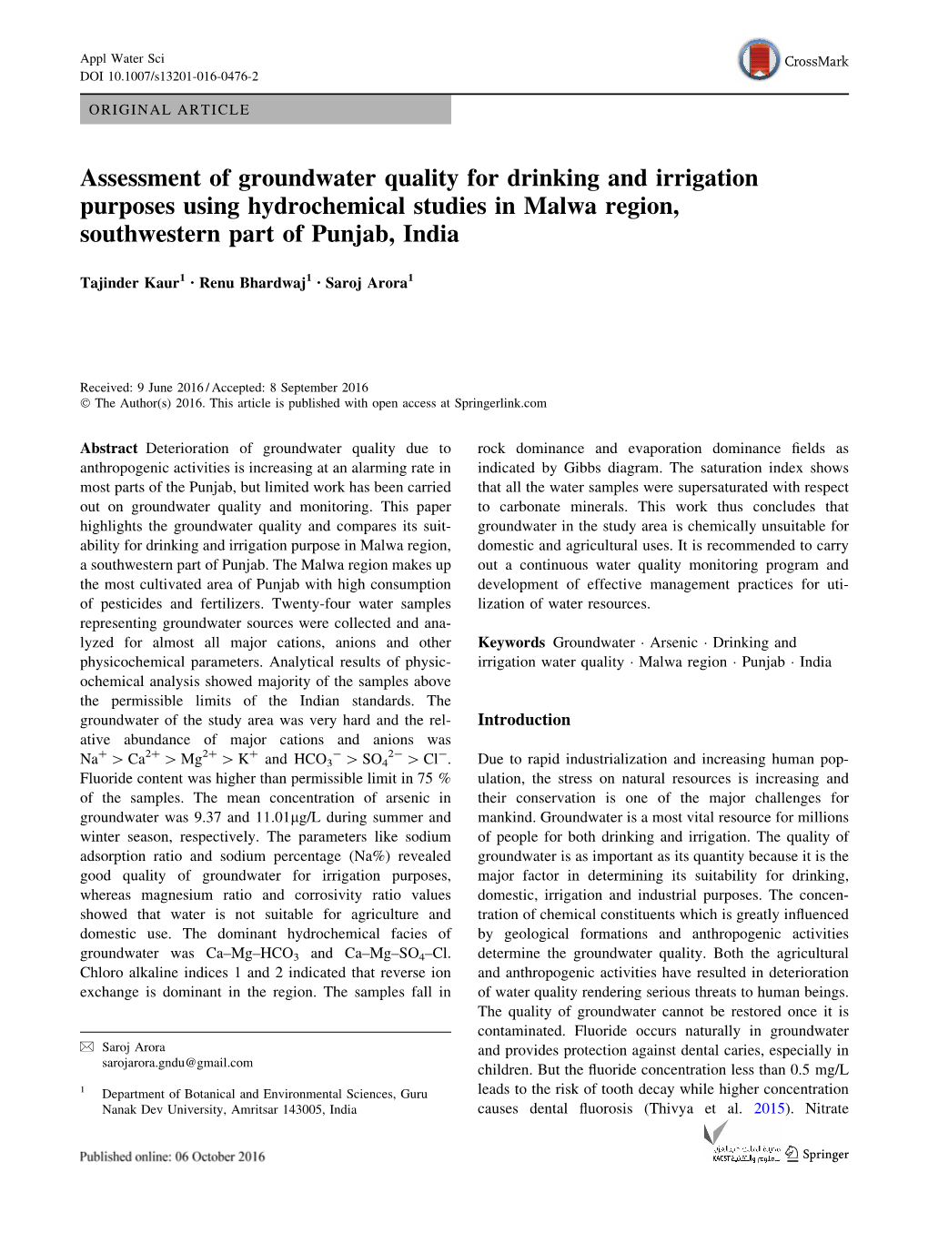 Assessment of Groundwater Quality for Drinking and Irrigation Purposes Using Hydrochemical Studies in Malwa Region, Southwestern Part of Punjab, India