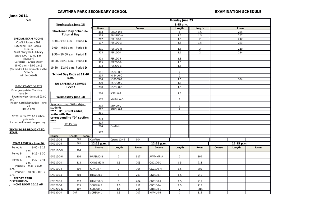 Cawthra Park Examination Schedule