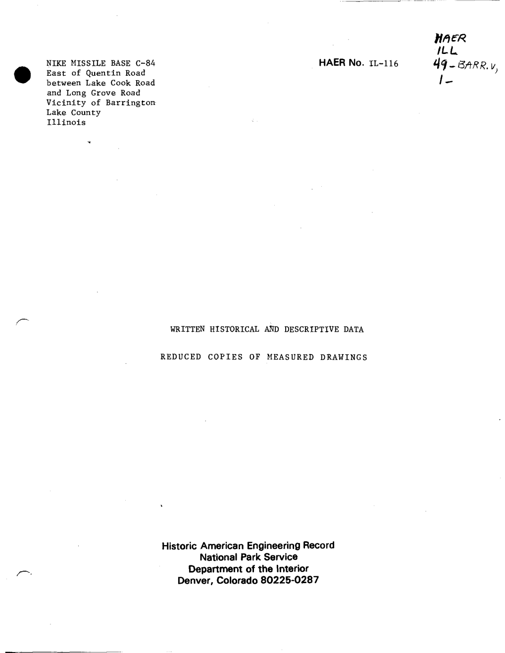 Historic American Engineering Record National Park Service Department of the Interior Denver, Colorado 80225-0287 HSBR /LL HISTORIC AMERICAN ENGINEERING RECORD