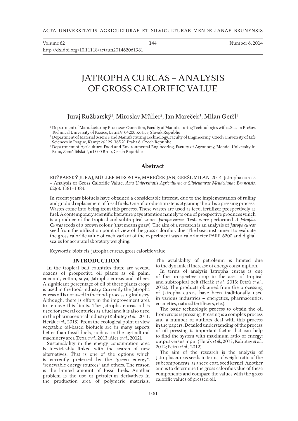 Jatropha Curcas – Analysis of Gross Calorific Value