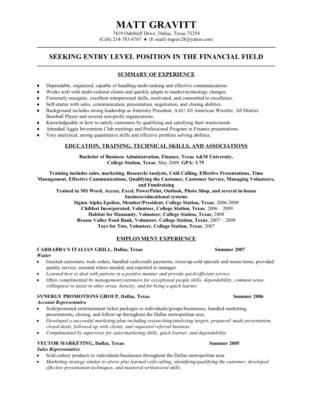 Seeking Entry Level Position in the Financial Field