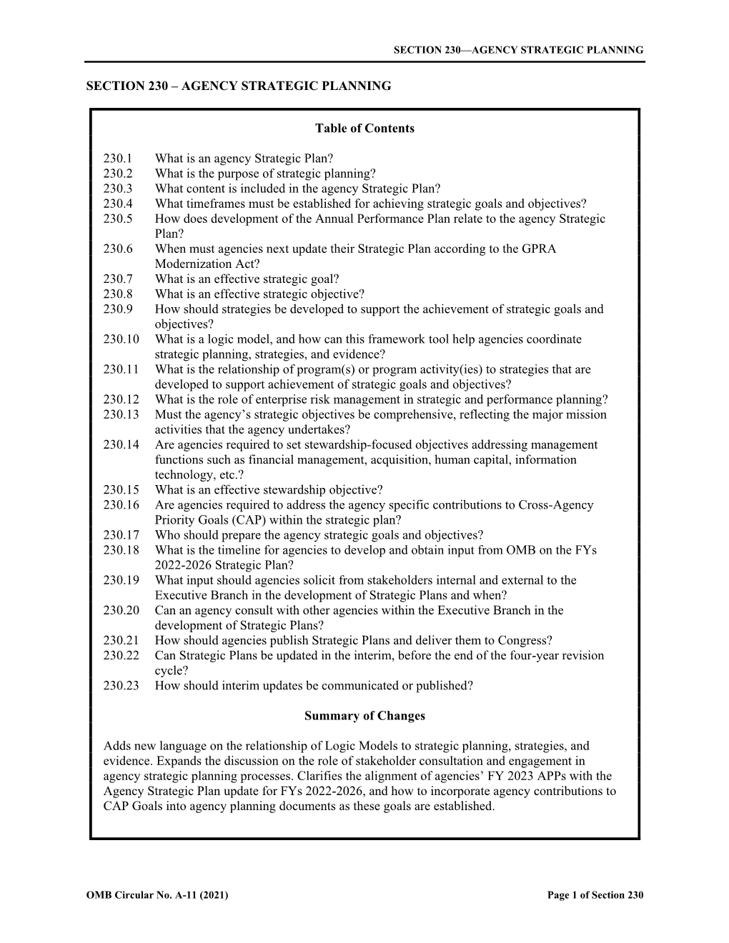 SECTION 230—AGENCY STRATEGIC PLANNING OMB Circular No. A-11