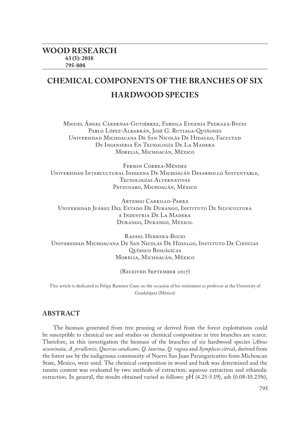 Wood Research Chemical Components of the Branches of Six Hardwood Species