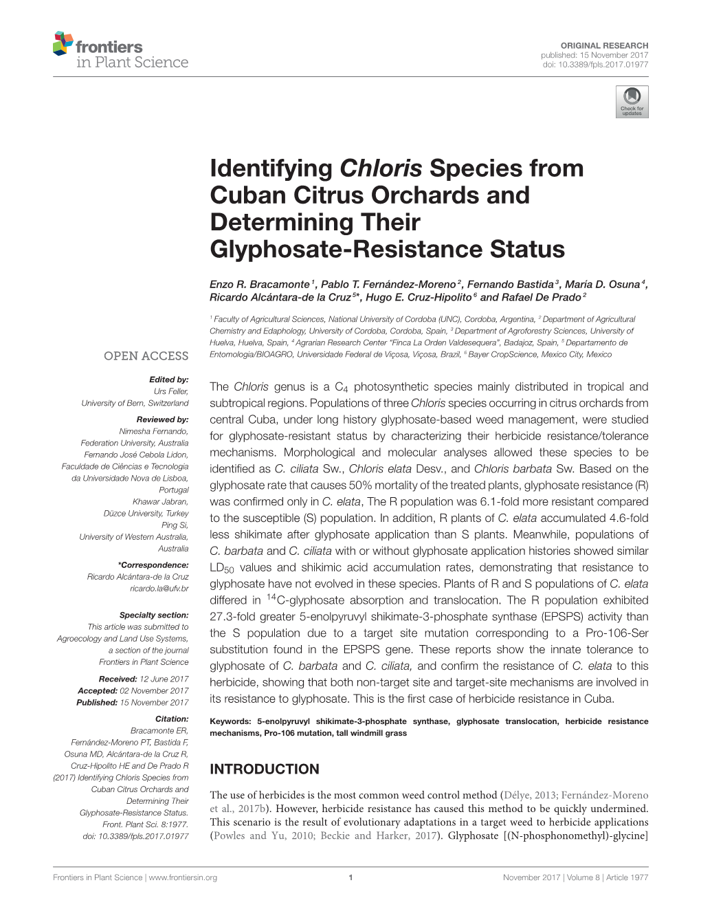 Identifying Chloris Species from Cuban Citrus Orchards and Determining Their Glyphosate-Resistance Status