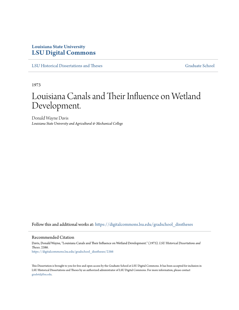 Louisiana Canals and Their Influence on Wetland Development