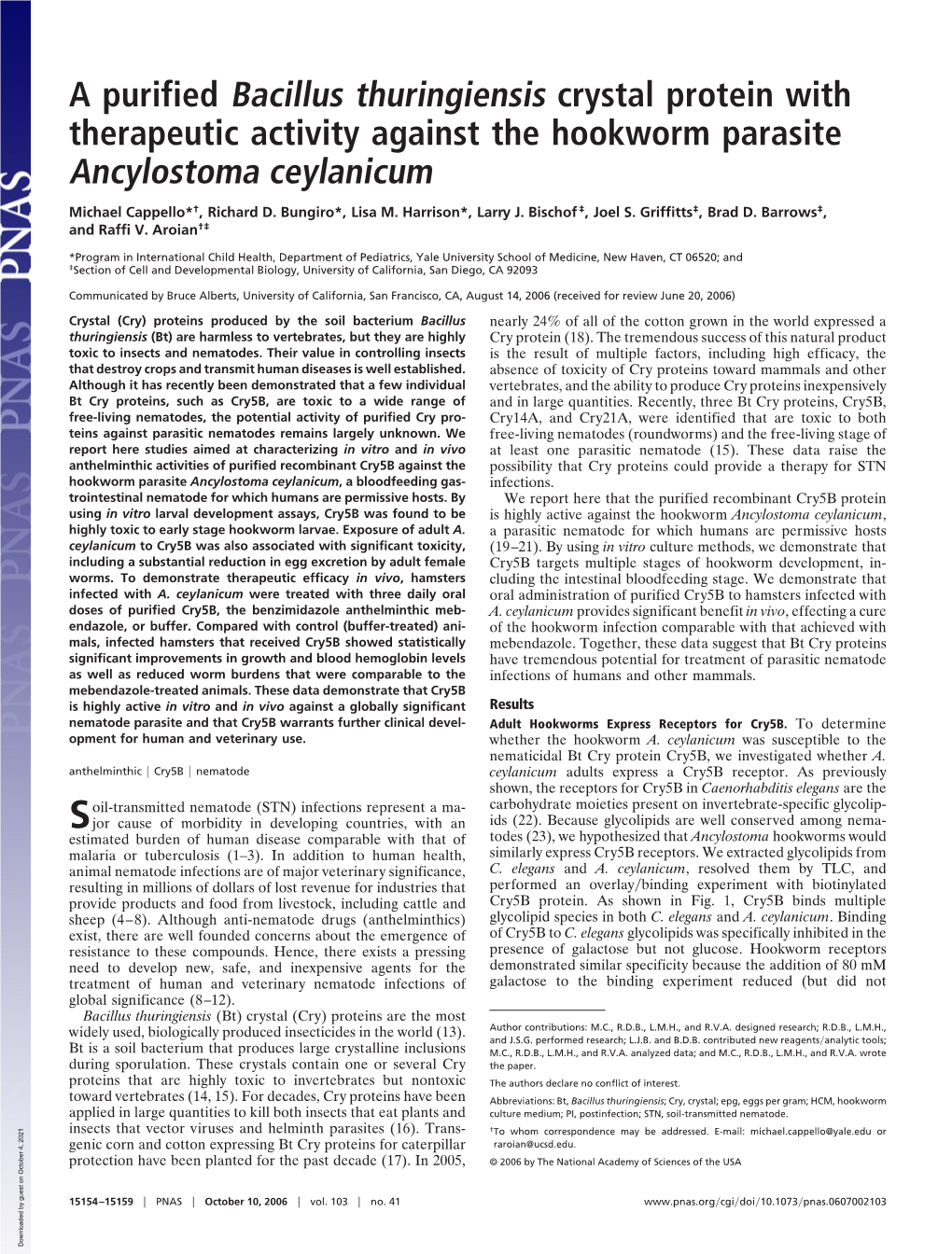 A Purified Bacillus Thuringiensis Crystal Protein with Therapeutic Activity Against the Hookworm Parasite Ancylostoma Ceylanicum