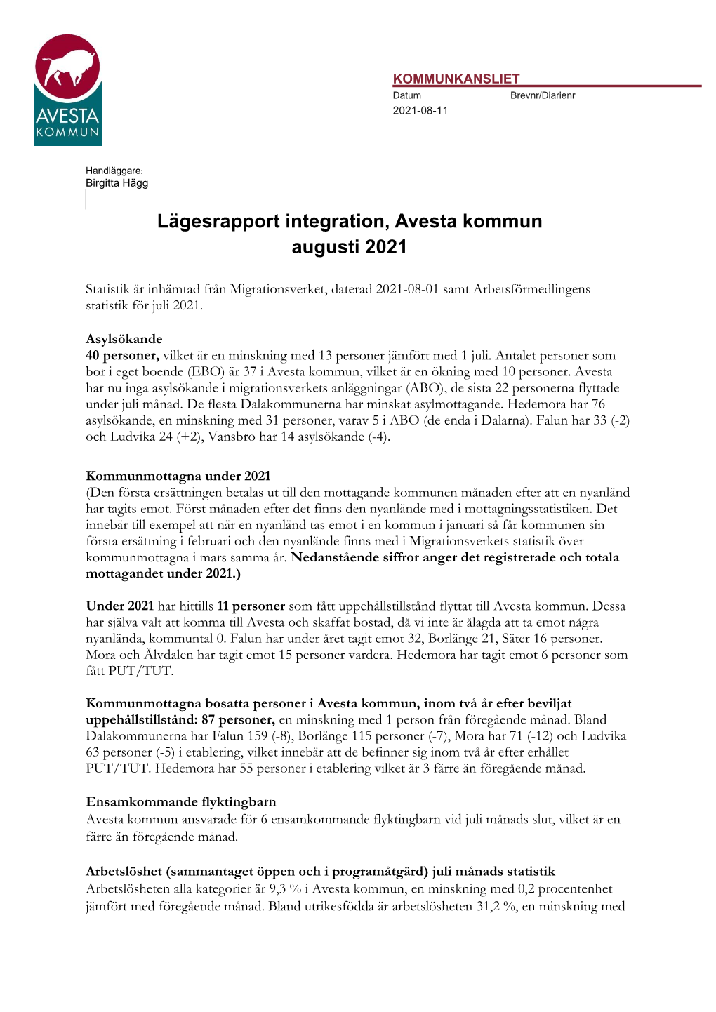 Lägesrapport Integration, Avesta Kommun Augusti 2021