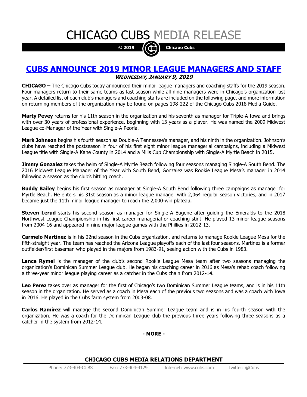 CHICAGO CUBS MEDIA RELEASE © 2019 Chicago Cubs