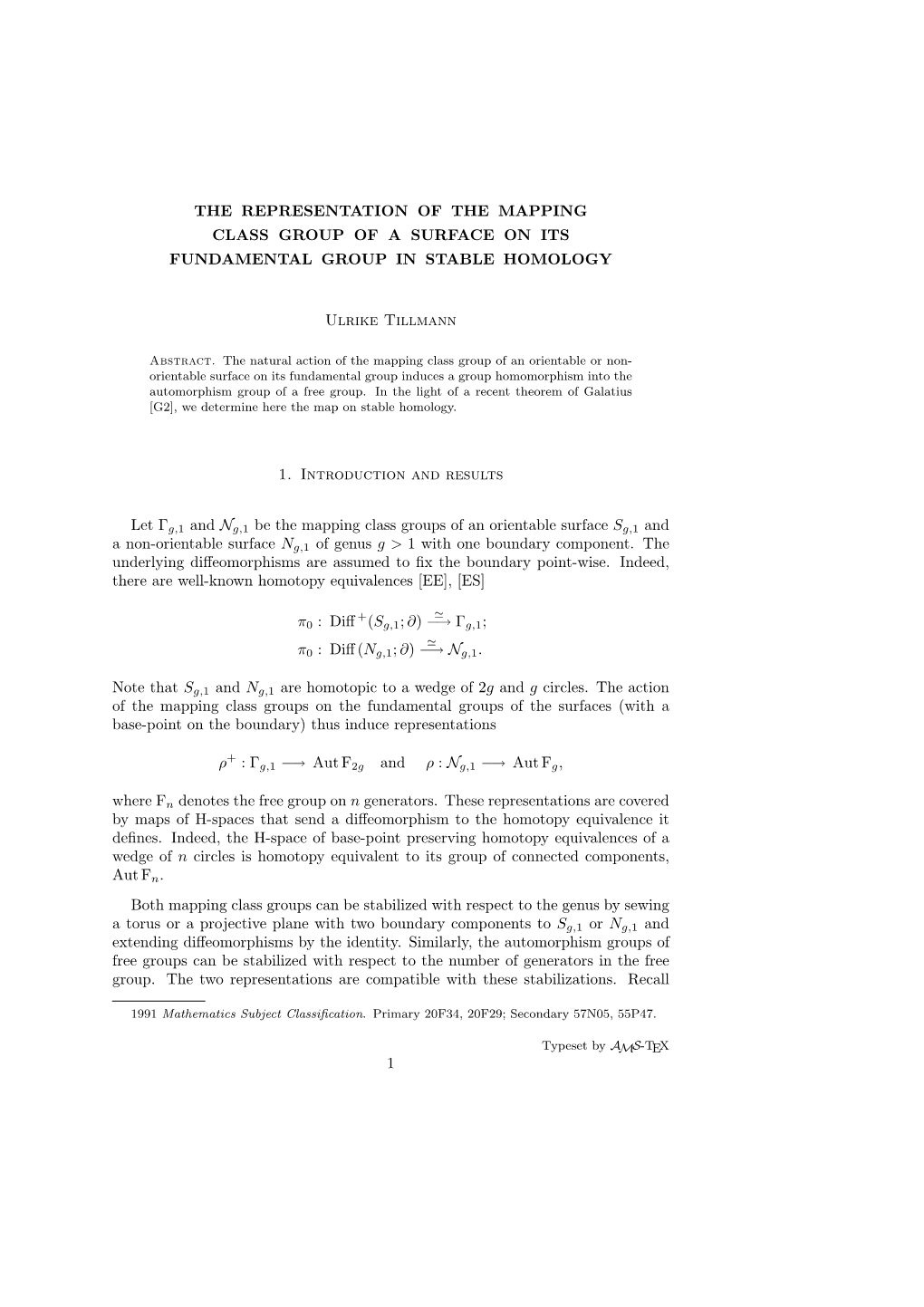 THE REPRESENTATION of the MAPPING CLASS GROUP of a SURFACE on ITS FUNDAMENTAL GROUP in STABLE HOMOLOGY Ulrike Tillmann 1. Introd