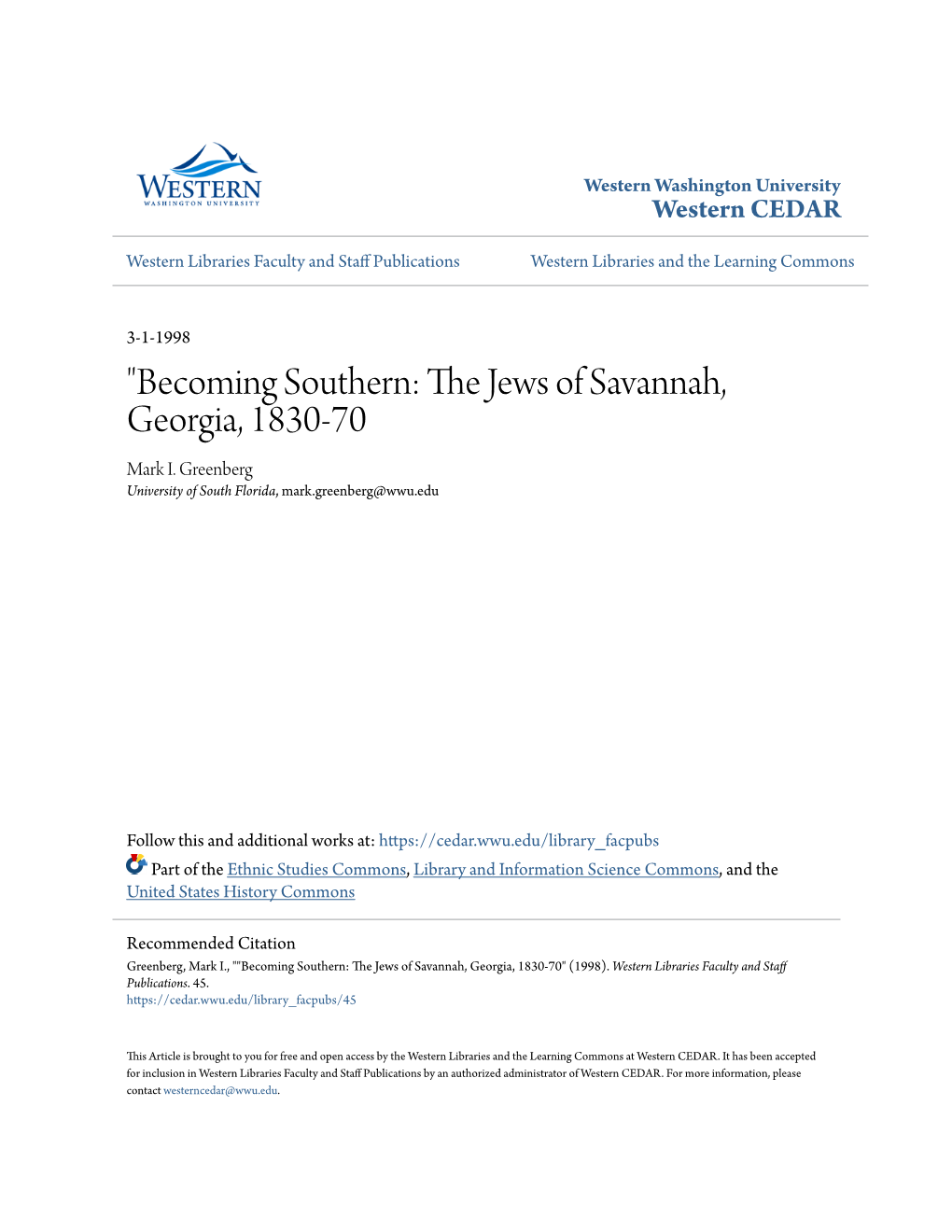 "Becoming Southern: the Jews of Savannah, Georgia, 1830-70