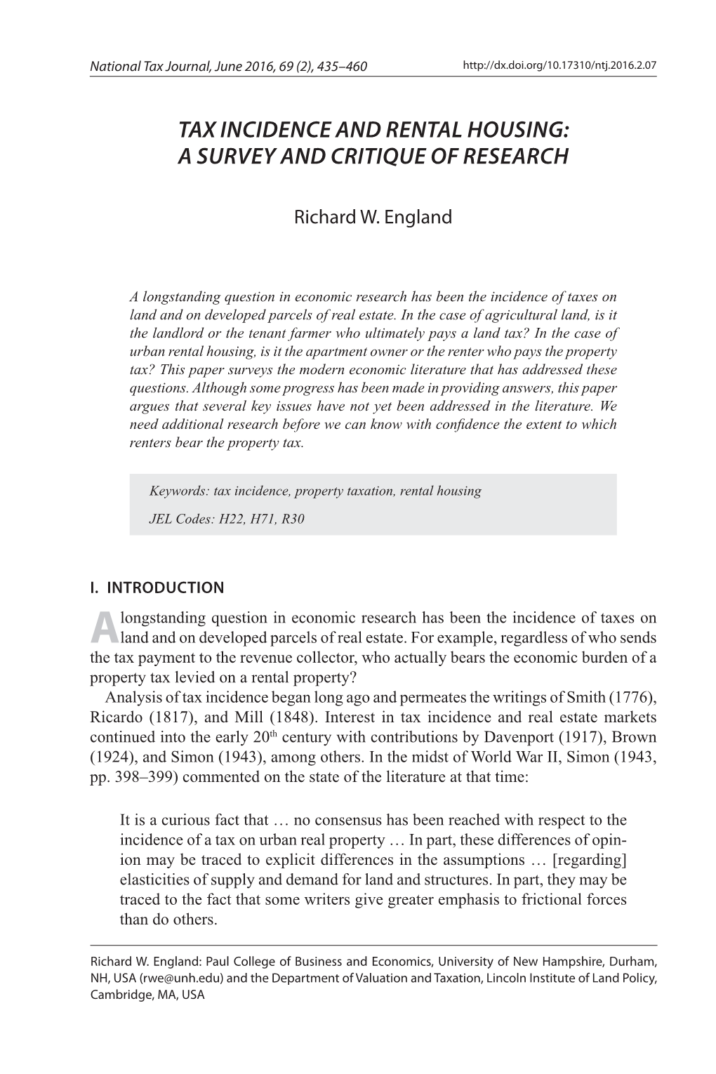 Tax Incidence and Rental Housing: a Survey and Critique of Research