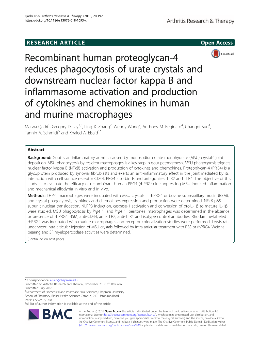 Recombinant Human Proteoglycan-4 Reduces Phagocytosis of Urate