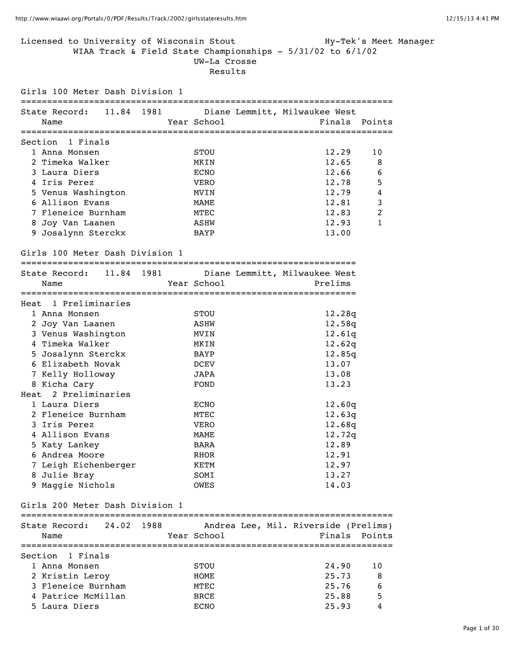 Licensed to University of Wisconsin Stout Hy-Tek's Meet Manager WIAA Track & Field State Championships - 5/31/02 to 6/1/02 UW-La Crosse Results