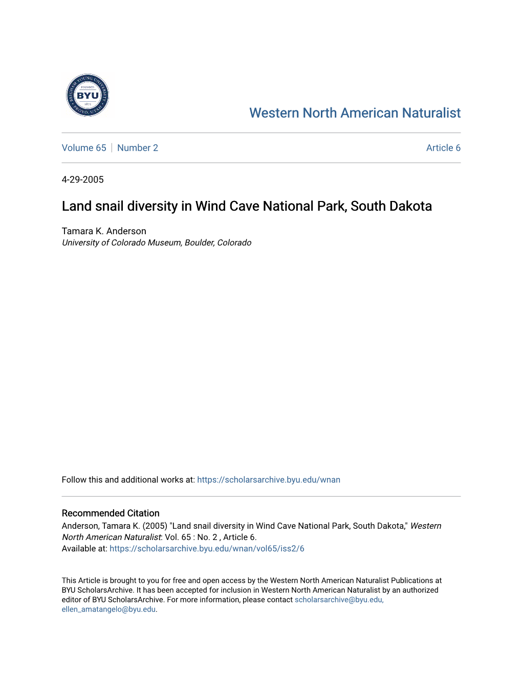 Land Snail Diversity in Wind Cave National Park, South Dakota