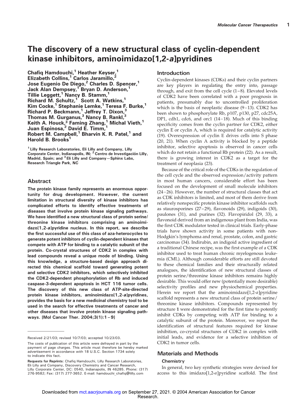 The Discovery of a New Structural Class of Cyclin-Dependent Kinase Inhibitors, Aminoimidazo[1,2-A]Pyridines