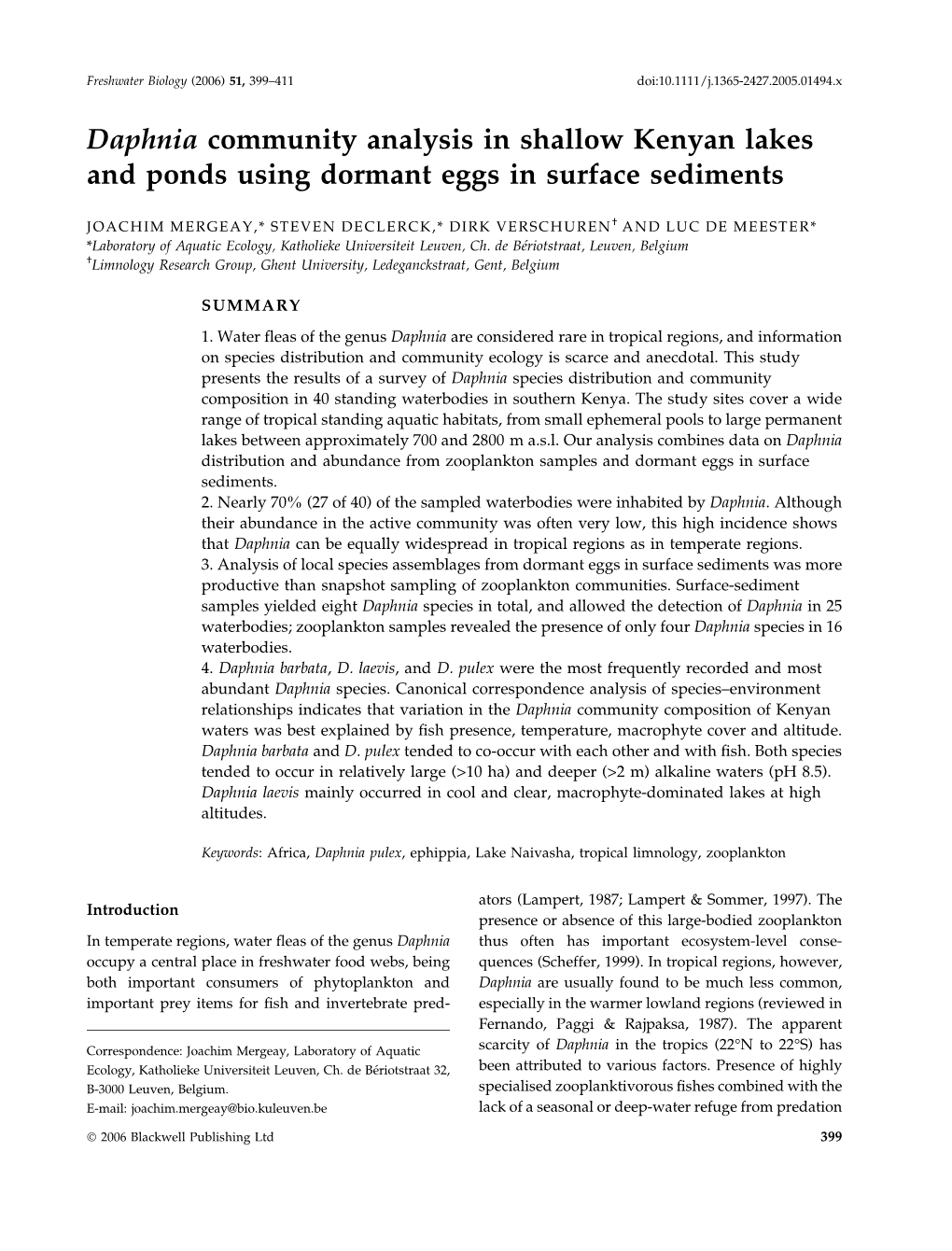 Daphnia Community Analysis in Shallow Kenyan Lakes and Ponds Using Dormant Eggs in Surface Sediments