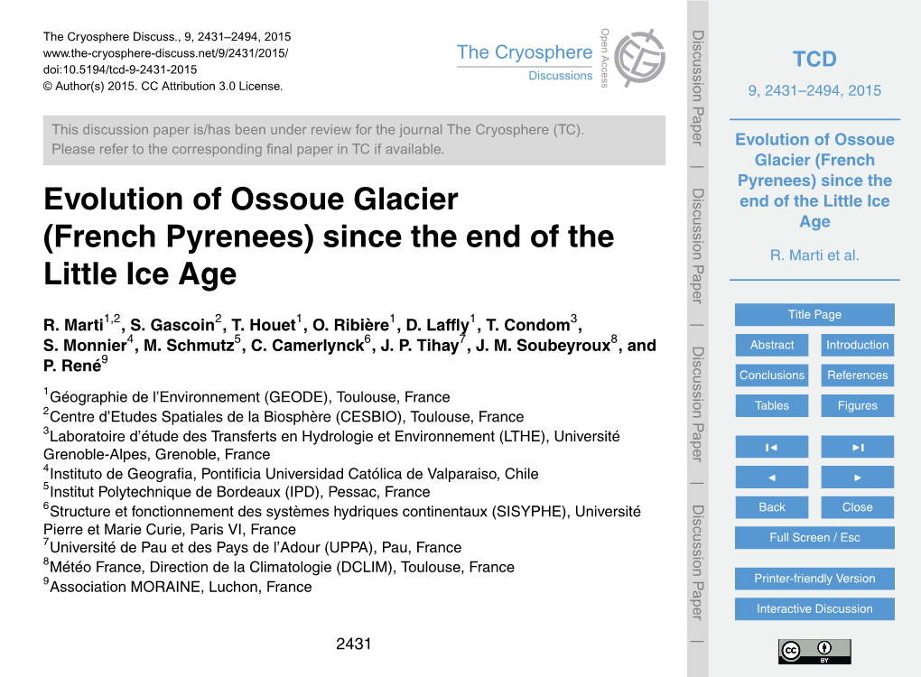 Evolution of Ossoue Glacier (French Pyrenees) Since the End of the Little Ice Age