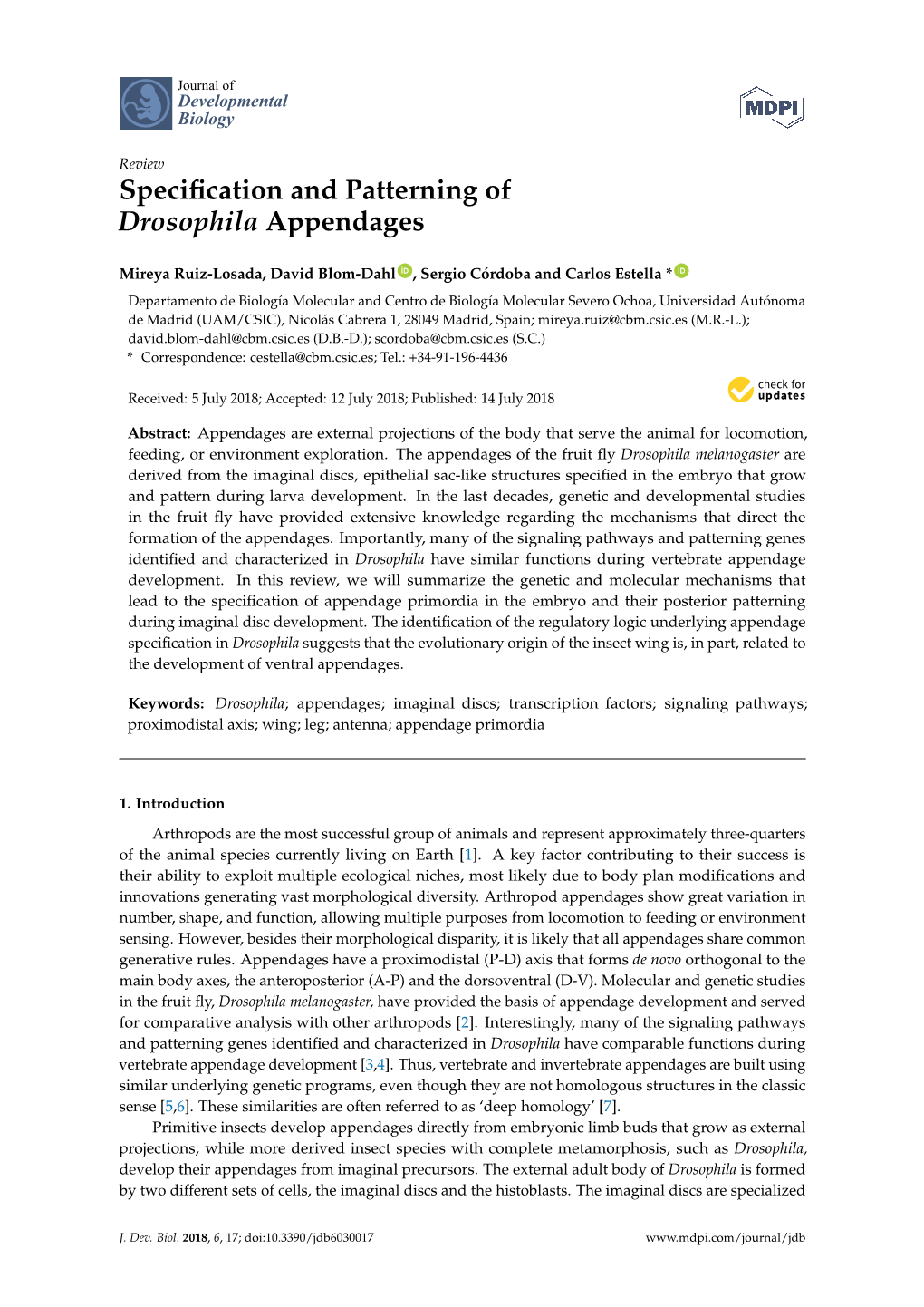 Specification and Patterning of Drosophila Appendages