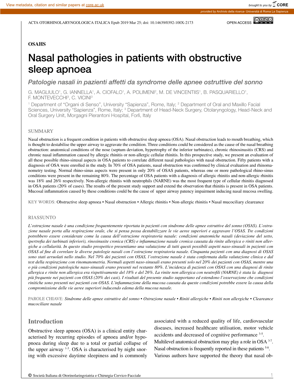 Nasal Pathologies in Patients with Obstructive Sleep Apnoea Patologie Nasali in Pazienti Affetti Da Syndrome Delle Apnee Ostruttive Del Sonno G