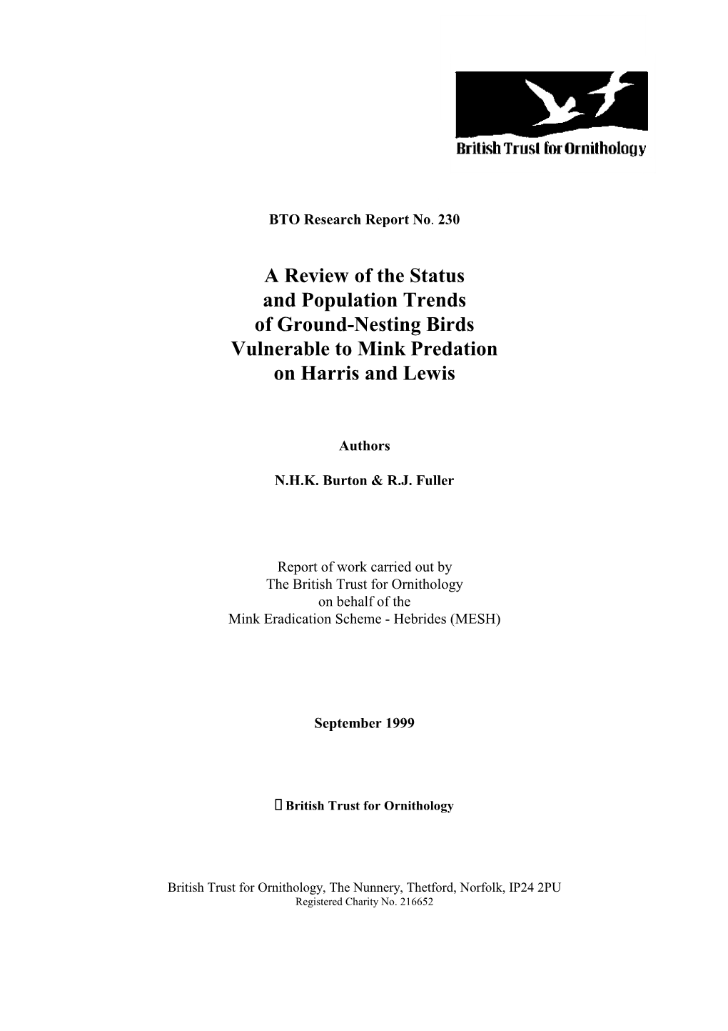 A Review of the Status and Population Trends of Ground-Nesting Birds Vulnerable to Mink Predation on Harris and Lewis