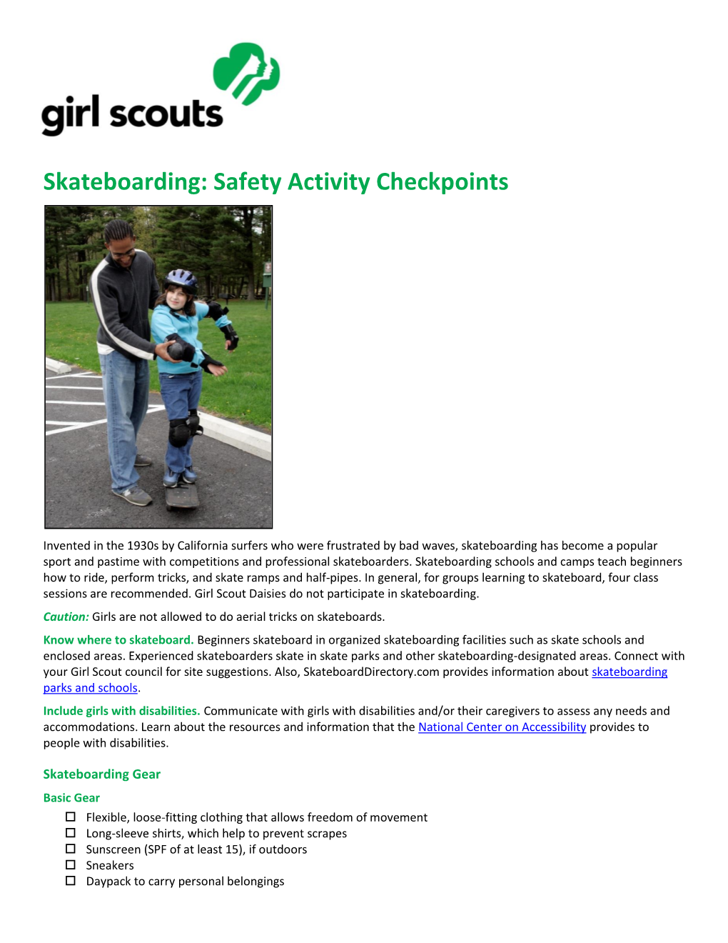 Skateboarding: Safety Activity Checkpoints