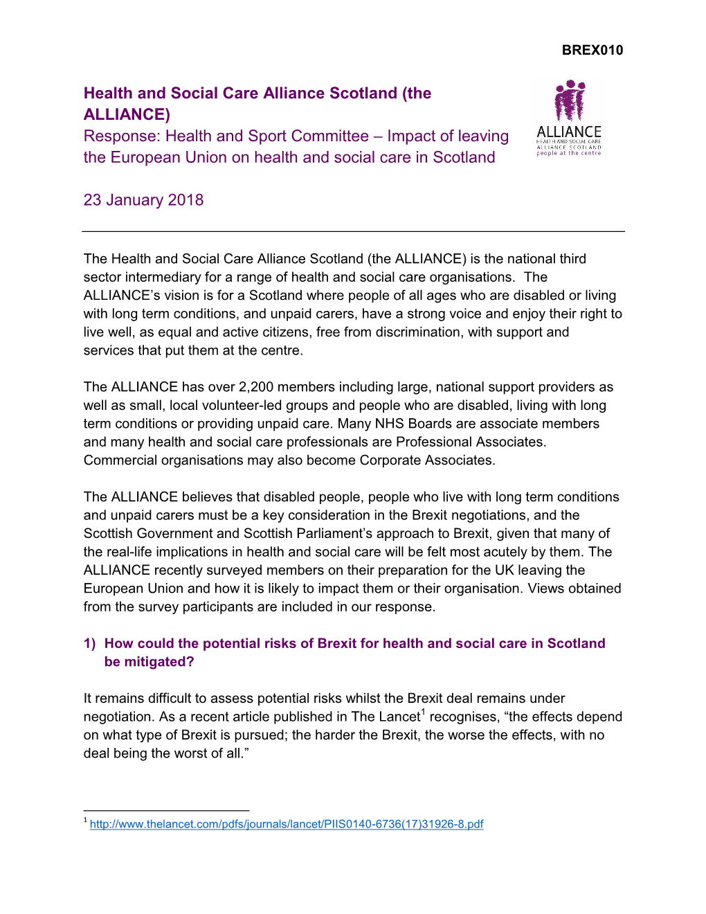 The ALLIANCE) Response: Health and Sport Committee – Impact of Leaving the European Union on Health and Social Care in Scotland