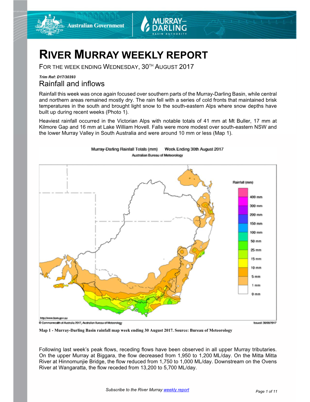 River Murray Operations Weekly Report 30Th August 2017