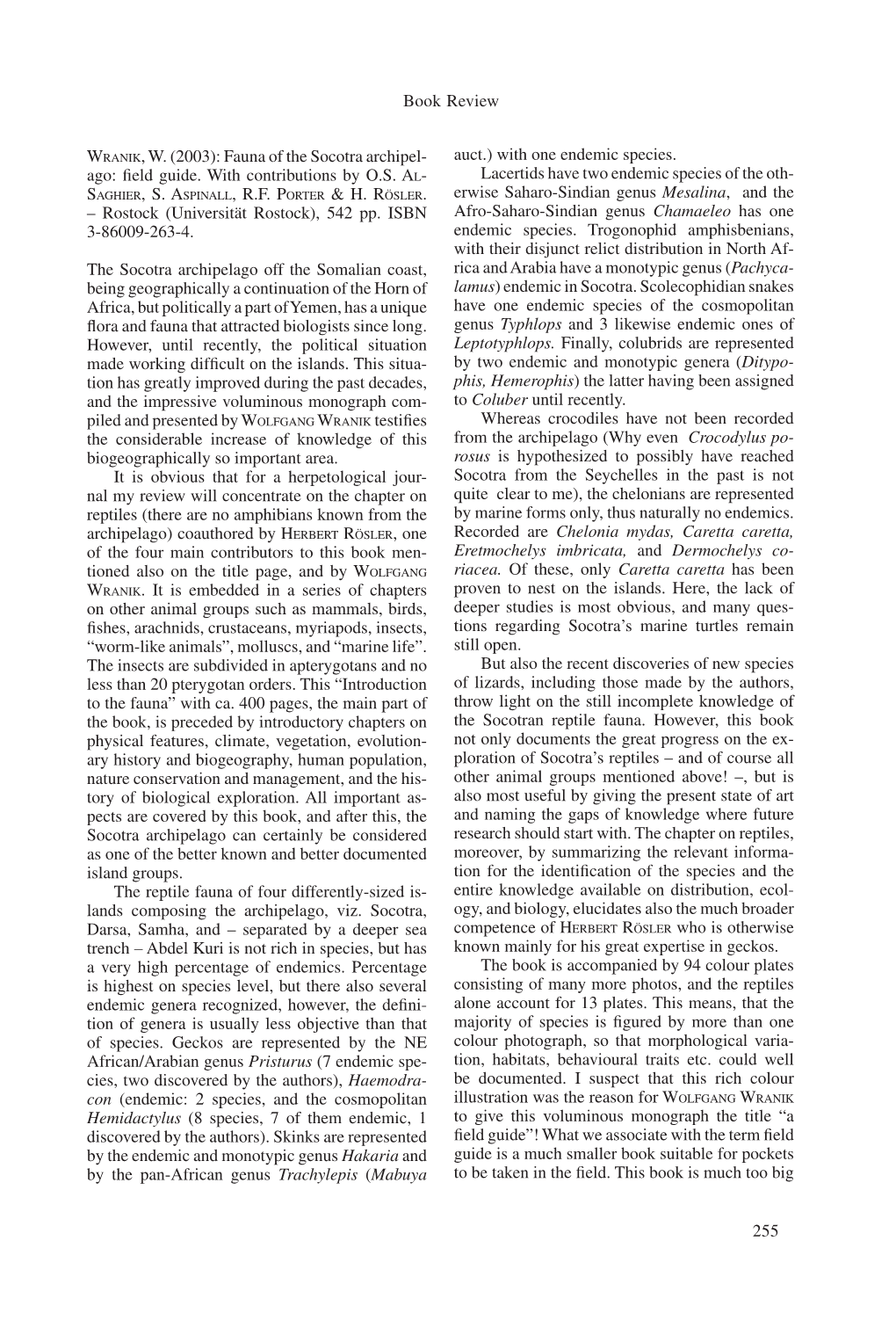 255 Book Review WRANIK, W. (2003): Fauna of the Socotra Archipel